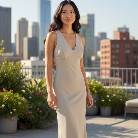 Vivian Diamond Dessy Collection Cream Nude Halter Maxi Dress Formal Event Vneck - Picture 1 of 14